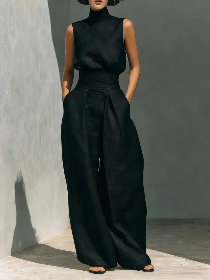 Conjunto minimalista para mujer de algodón y lino, compuesto por una blusa sin mangas y un pantalón ancho