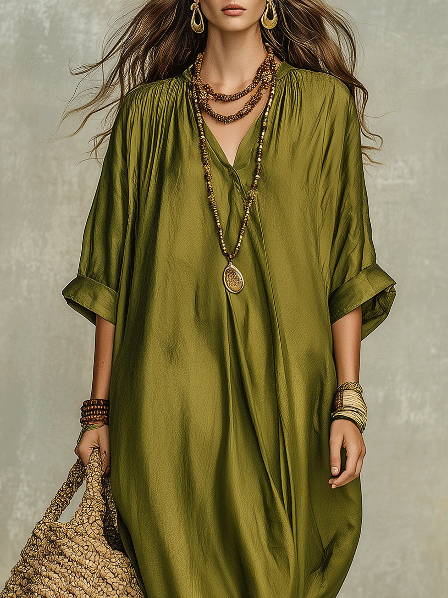 Vestido largo bohemio relajado verde oliva