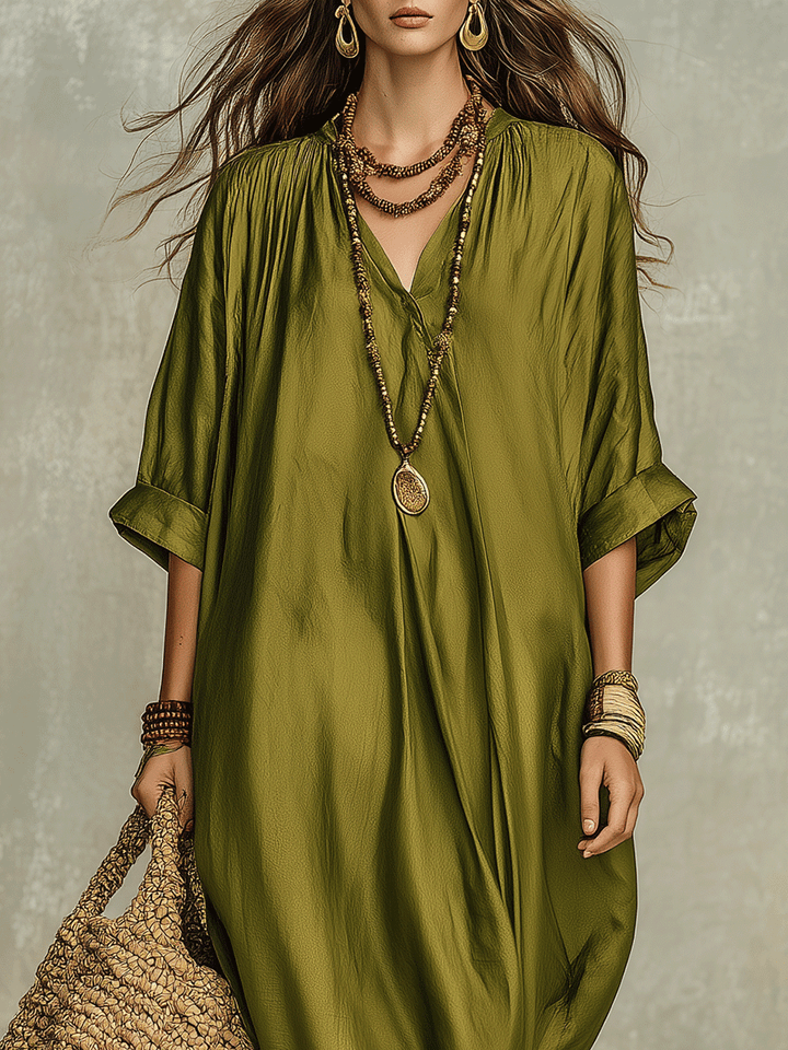 Vestido largo bohemio relajado verde oliva