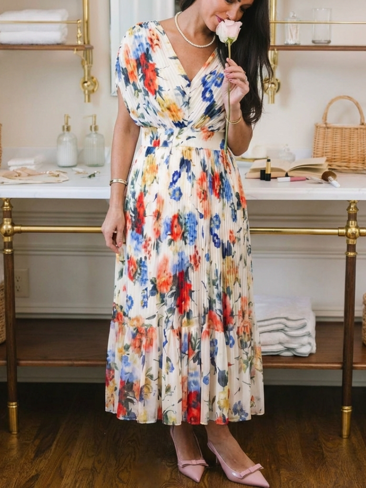 Savannah | Vestido Midi Floral con Mangas Cortas y Pliegues