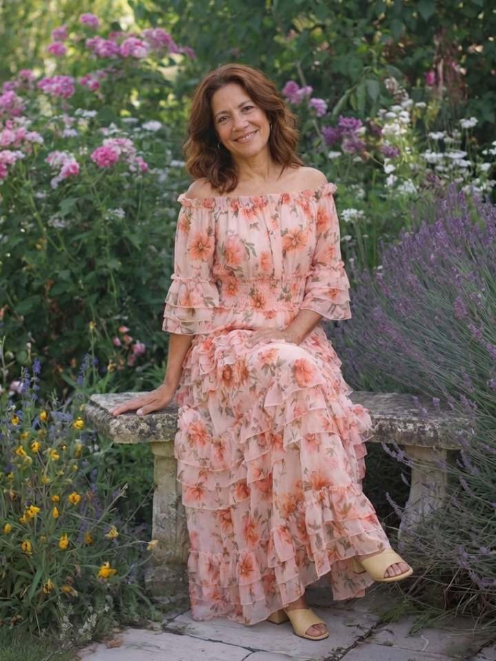 Rosalie | Vestido Maxi con Volantes de Flores y Hombros Descubiertos