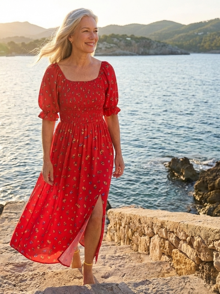 Delphine | Vestido Midi de Manga Abullonada con Escote Cuadrado y Flores