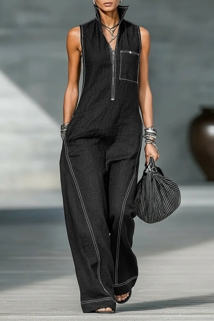 Mono sin mangas amplio y minimalista para mujer con acabados blancos