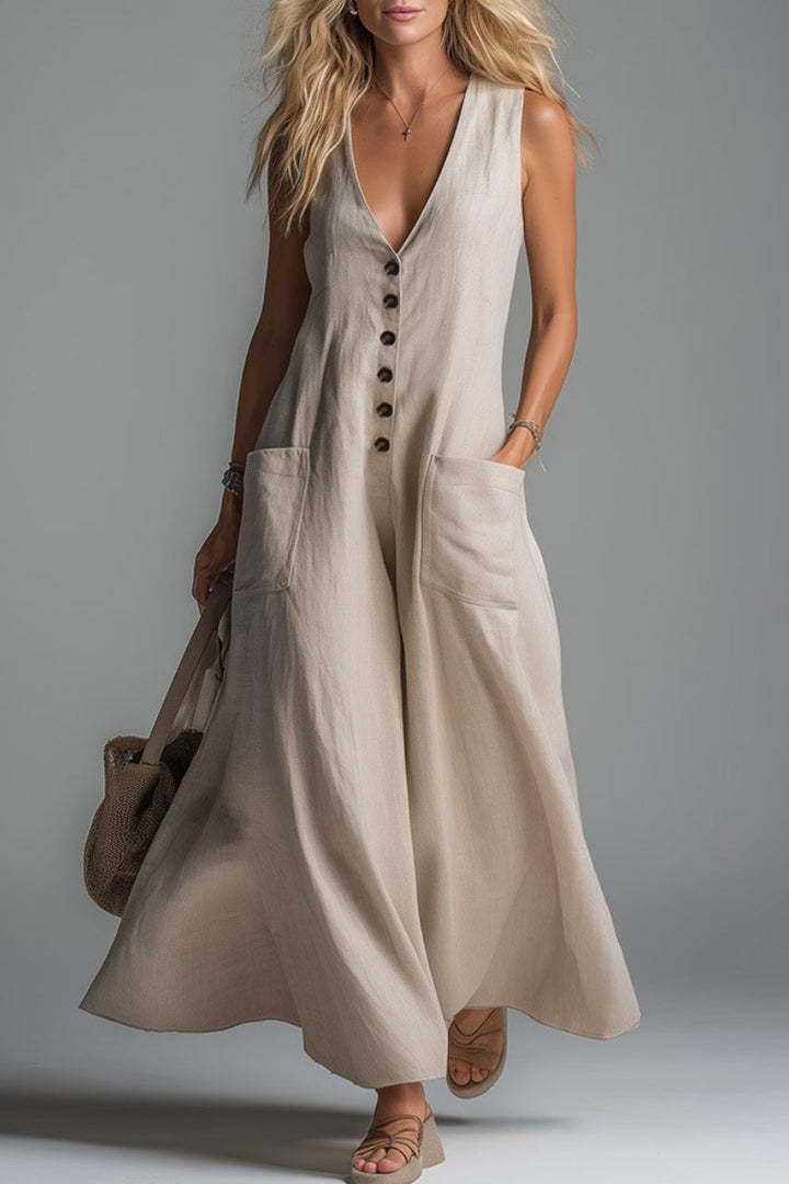 Vestido casual liso con cuello en V y bolsillos