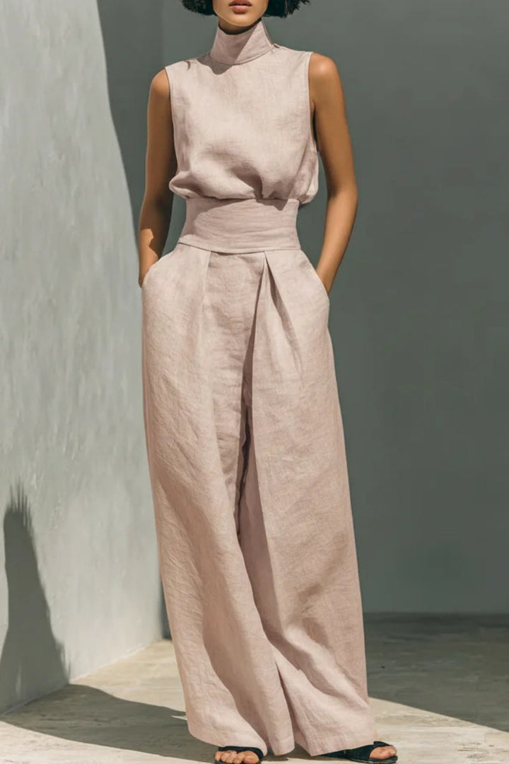 Conjunto minimalista para mujer de algodón y lino, compuesto por una blusa sin mangas y un pantalón ancho