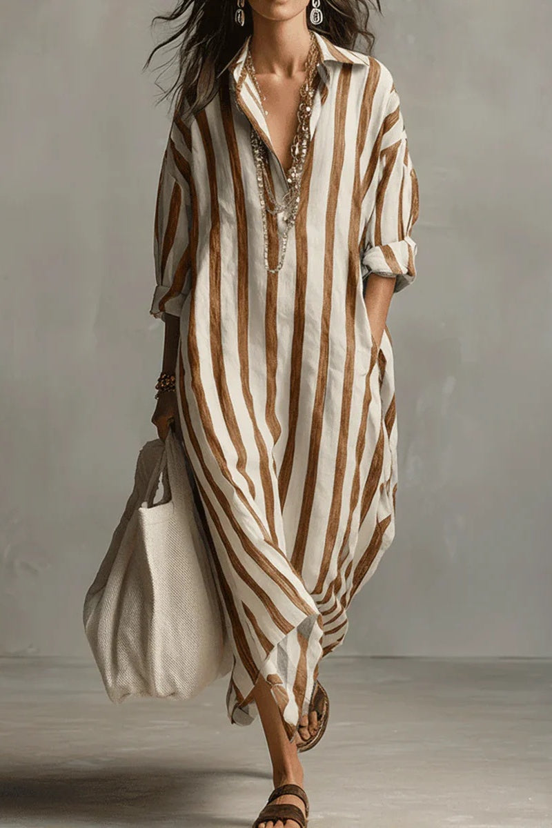 Vestido largo bohemio estilo camisa a rayas casual