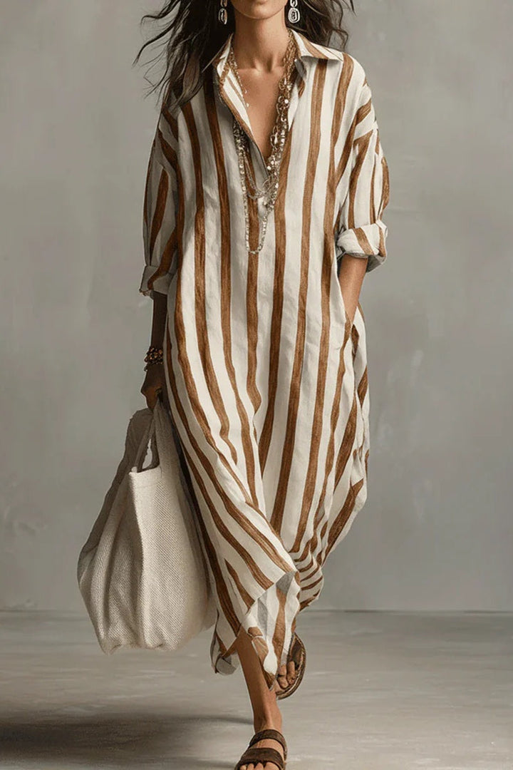 Vestido largo bohemio estilo camisa a rayas casual