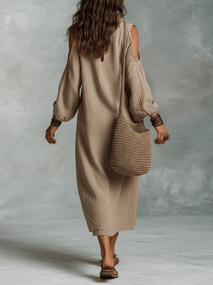 Ropa midi bohemia de lino con hombros descubiertos y corte relajado