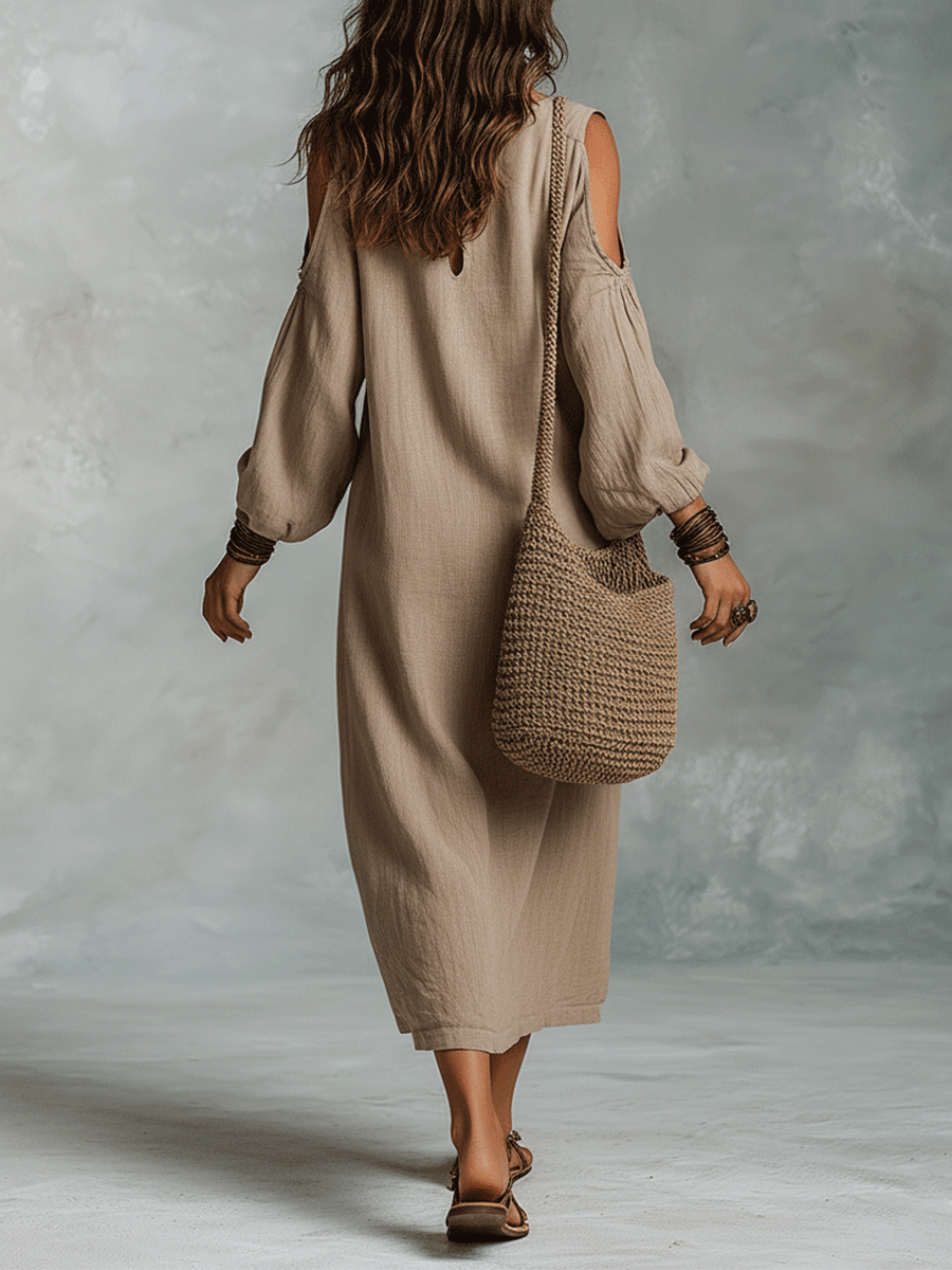 Robe midi bohème en lin à épaules dénudées et coupe décontractée