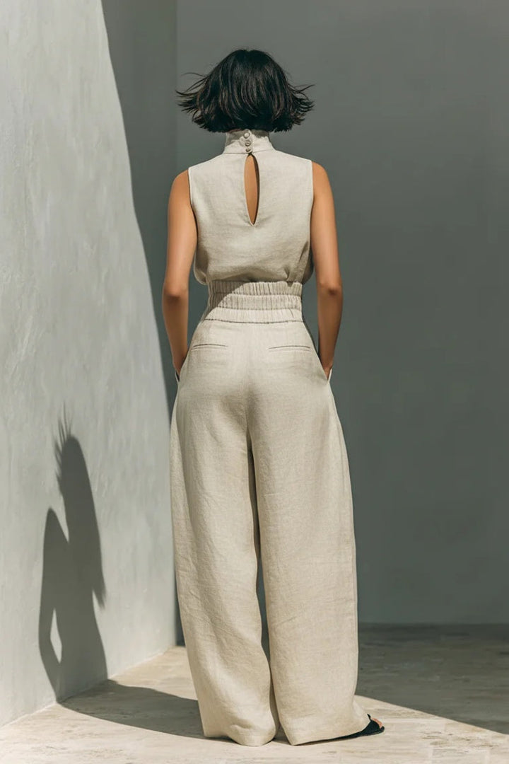 Conjunto minimalista para mujer de algodón y lino, compuesto por una blusa sin mangas y un pantalón ancho