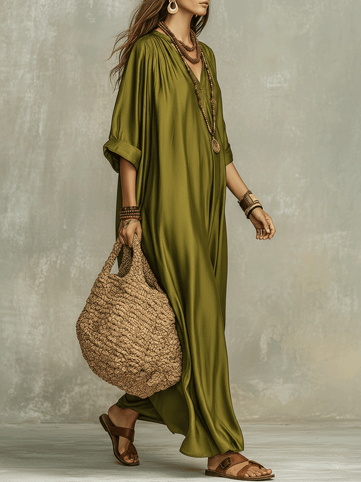 Vestido largo bohemio relajado verde oliva