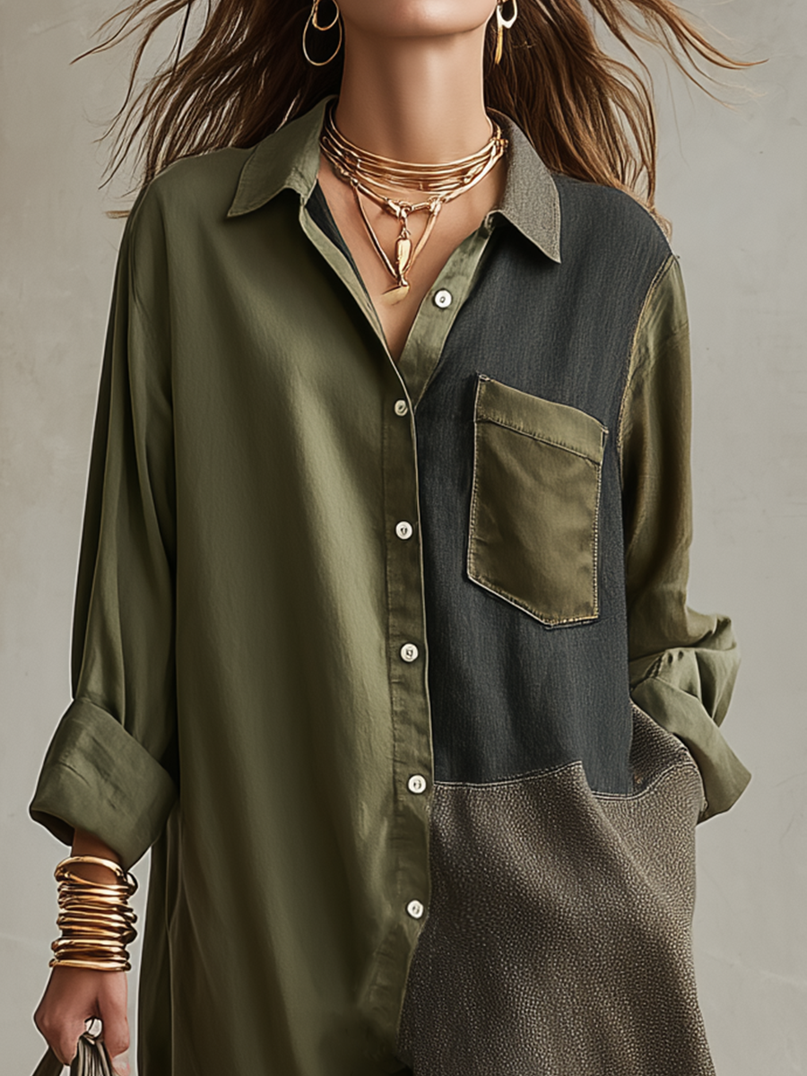 Vestido midi camisa color-block oliva de estilo refinado