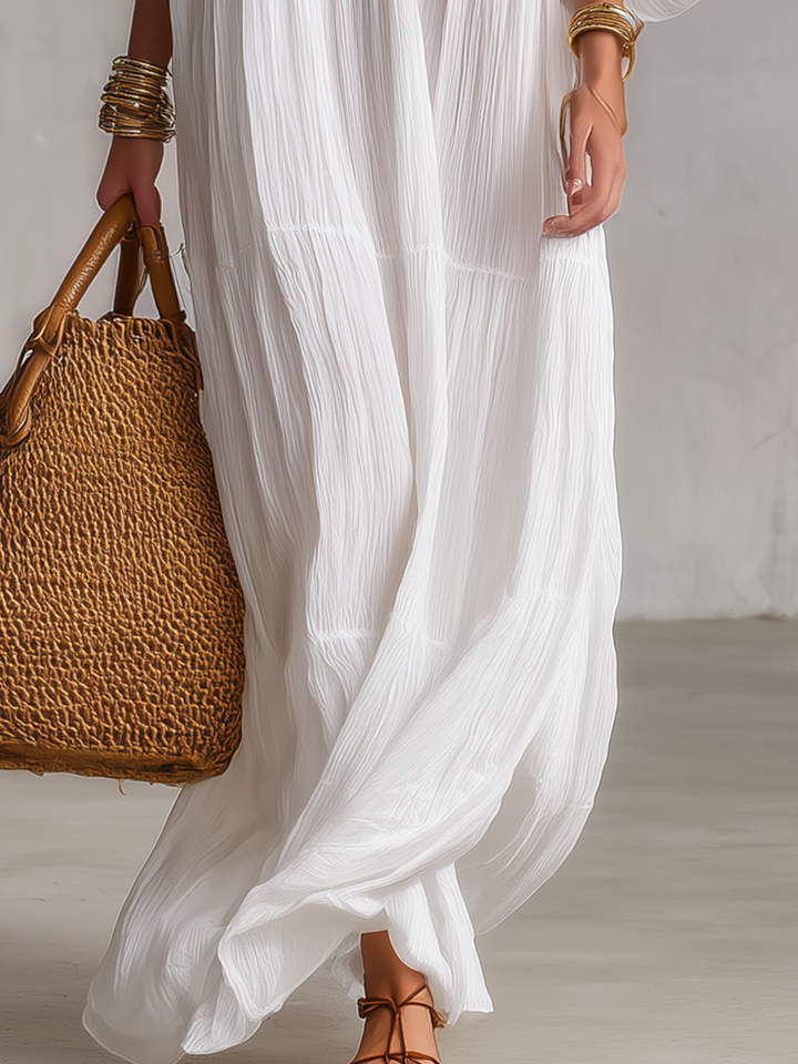 Robe longue kaftan blanche bohème à col V brodé en tissu froissé