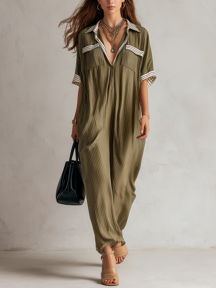 Robe longue plissée décontractée vert olive au style sophistiqué