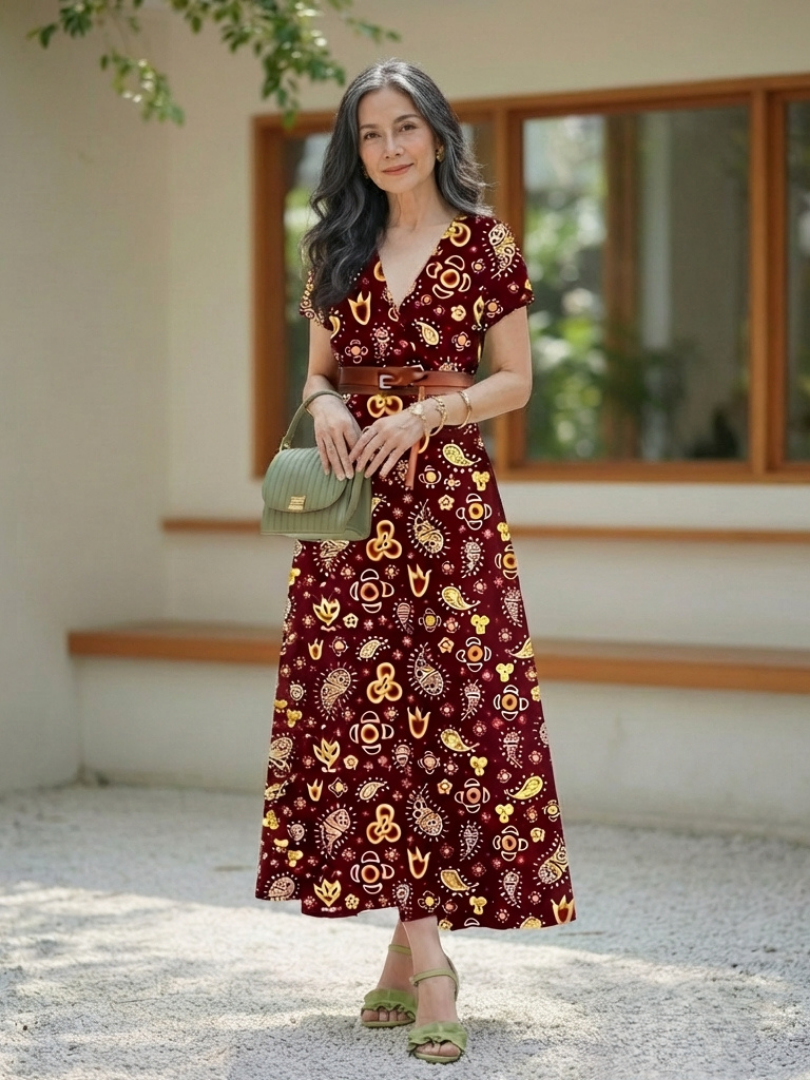 Lyra | Elegante vestido midi con estampado floral y escote en V
