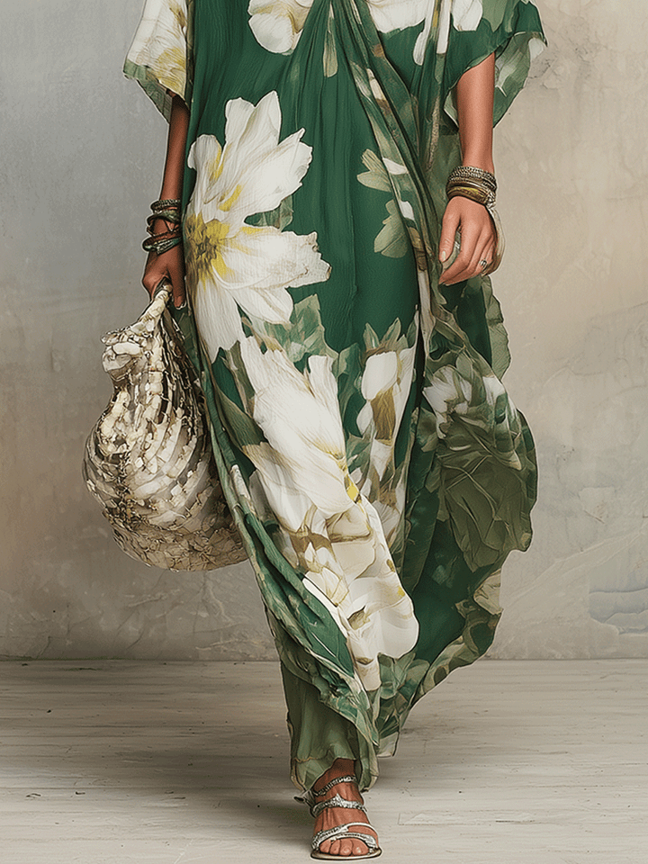Robe longue bohème fluide Émeraude Fleur