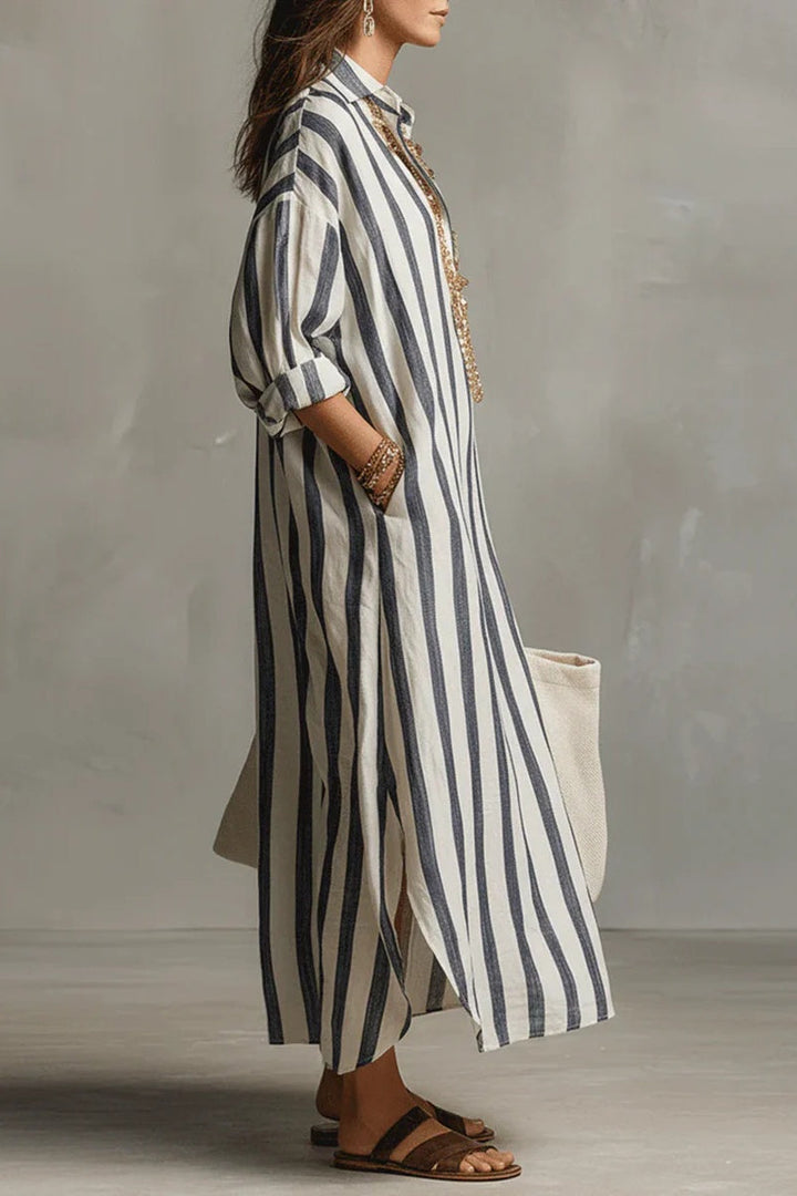 Vestido largo bohemio estilo camisa a rayas casual