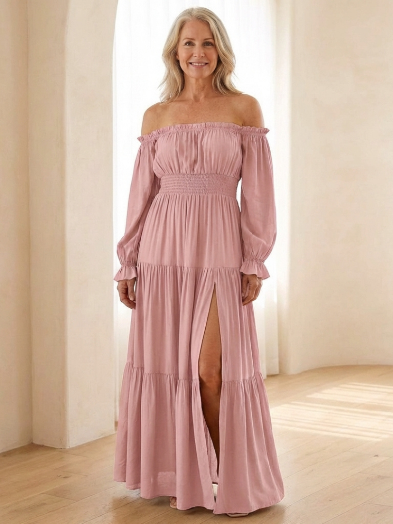 Aveline | Vestido Largo de Manga Larga con Hombros Descubiertos