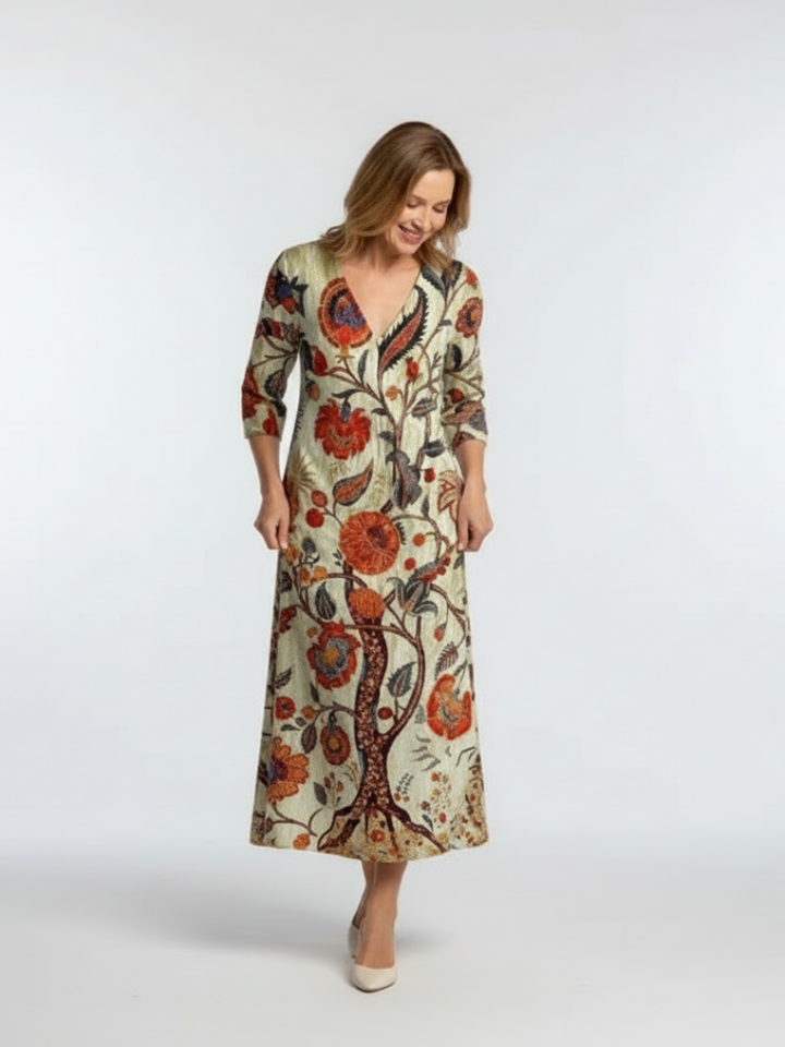 Corisande | Vestido Midi Floral de Manga Larga con Escote en V