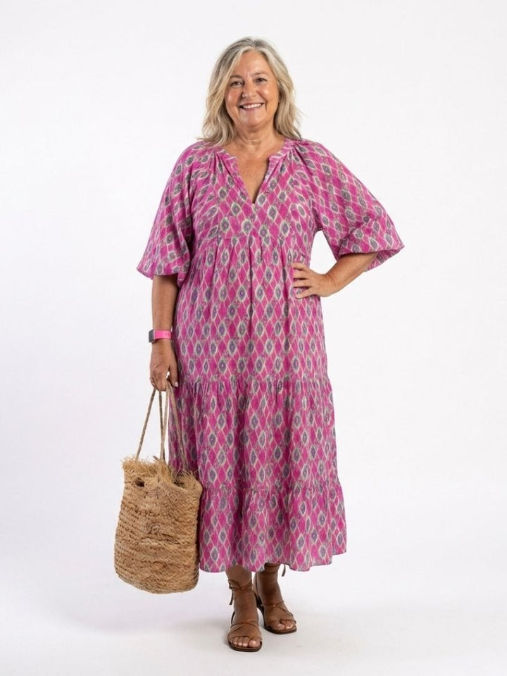 Apolline | Vestido midi con cuello en V y mangas tres cuartos estampado