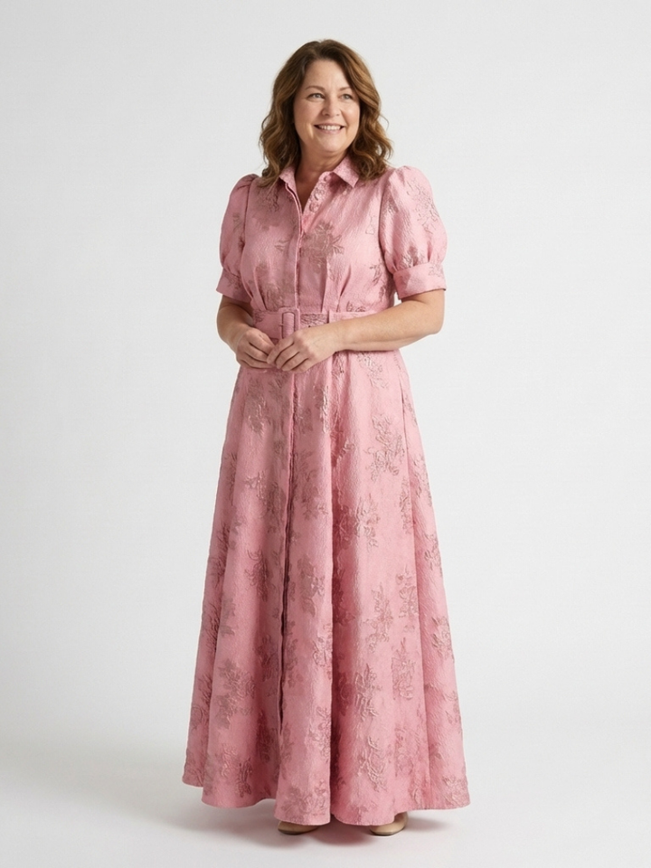 Xanthea | Vestido Maxi Camisa Floral Texturizado con Manga Corta y Cinturón
