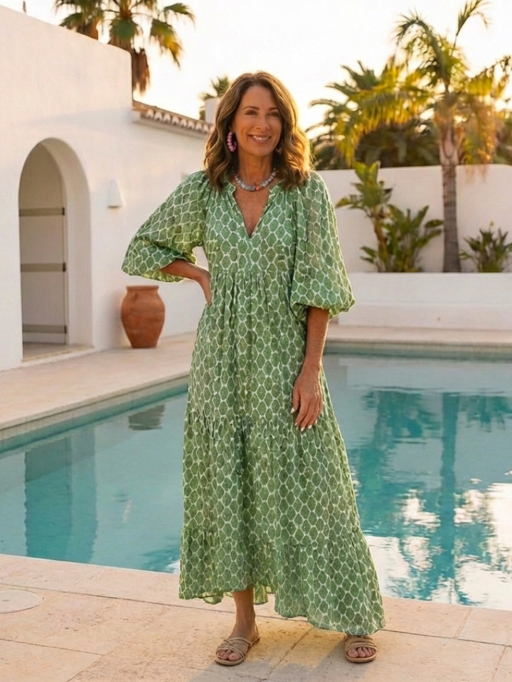 Apolline | Vestido midi con cuello en V y mangas tres cuartos estampado
