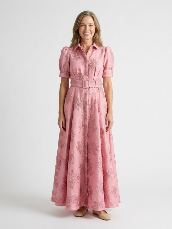 Xanthea | Vestido Maxi Camisa Floral Texturizado con Manga Corta y Cinturón