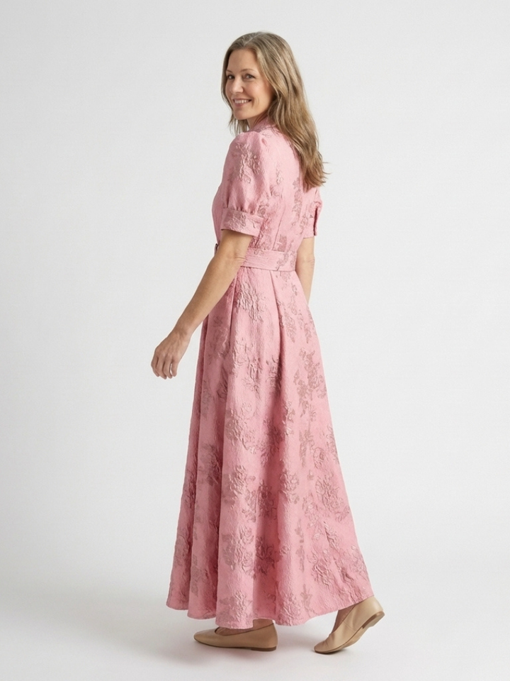 Xanthea | Vestido Maxi Camisa Floral Texturizado con Manga Corta y Cinturón