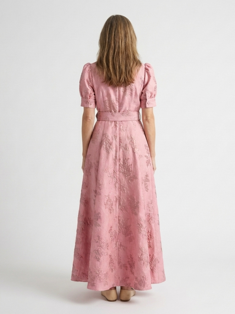 Xanthea | Vestido Maxi Camisa Floral Texturizado con Manga Corta y Cinturón