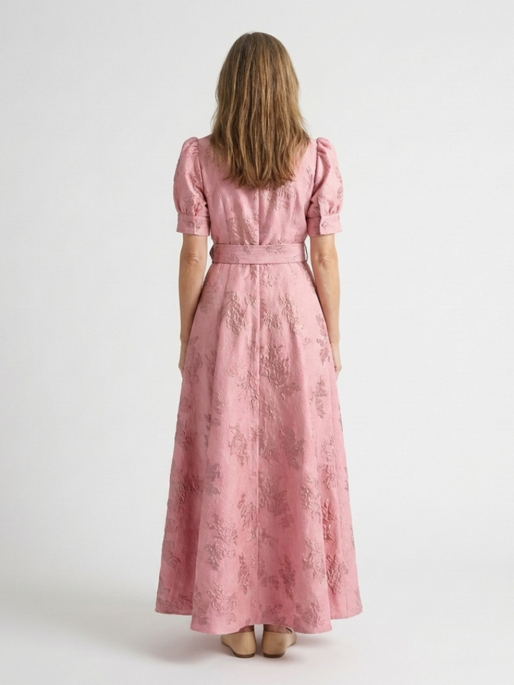 Xanthea | Vestido Maxi Camisa Floral Texturizado con Manga Corta y Cinturón