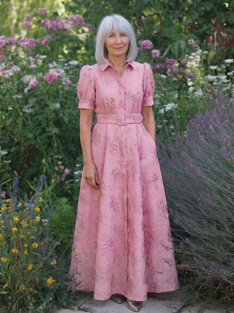 Xanthea | Vestido Maxi Camisa Floral Texturizado con Manga Corta y Cinturón
