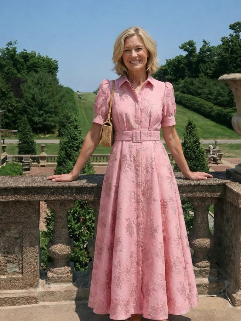 Xanthea | Vestido Maxi Camisa Floral Texturizado con Manga Corta y Cinturón