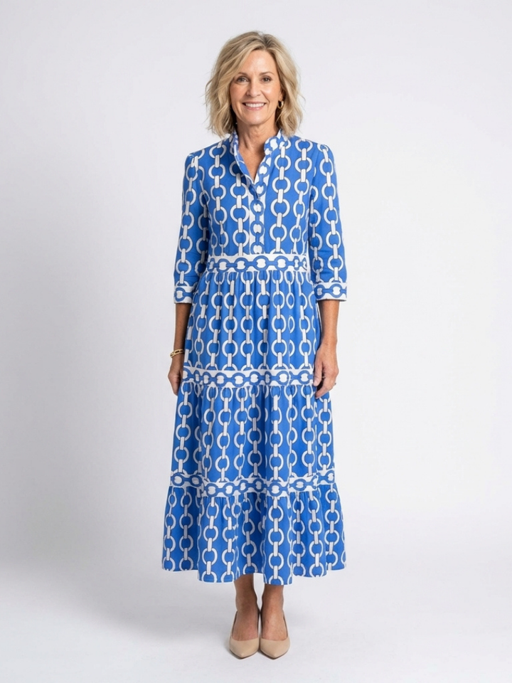Ysolde | Vestido Midi con Manga Tres Cuartos y Patrón de Cadenas