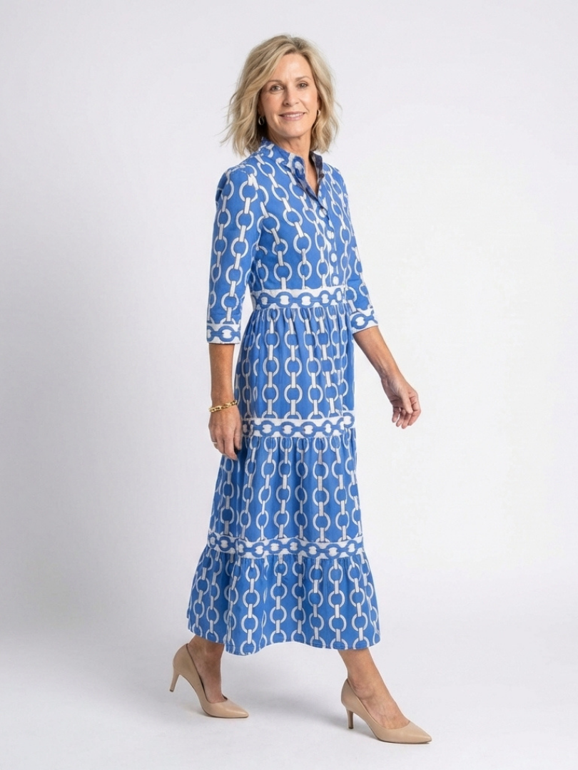 Ysolde | Vestido Midi con Manga Tres Cuartos y Patrón de Cadenas