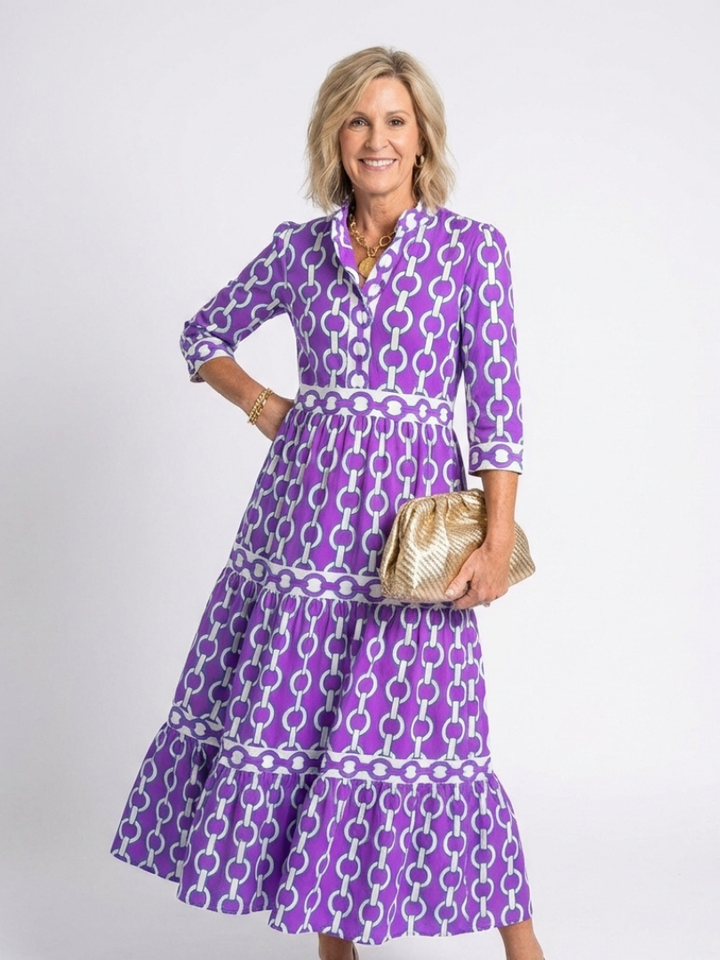 Ysolde | Vestido Midi con Manga Tres Cuartos y Patrón de Cadenas