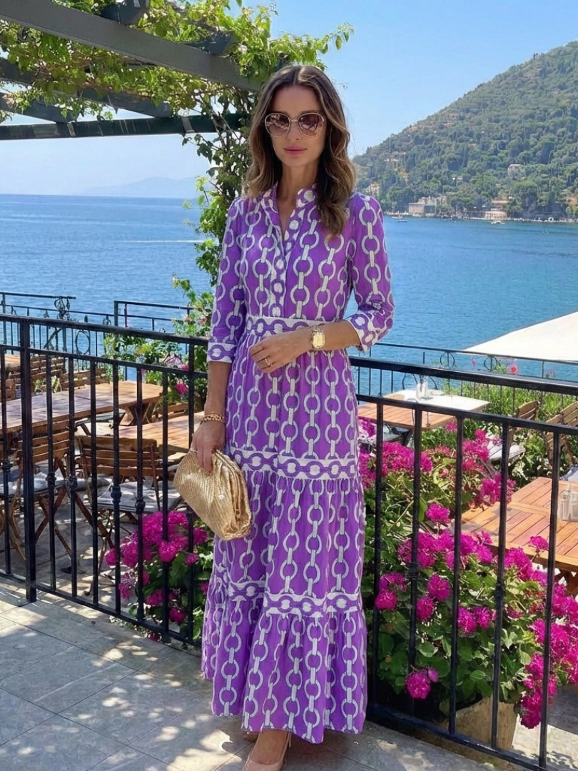 Ysolde | Vestido Midi con Manga Tres Cuartos y Patrón de Cadenas