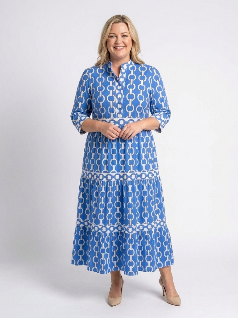 Ysolde | Vestido Midi con Manga Tres Cuartos y Patrón de Cadenas