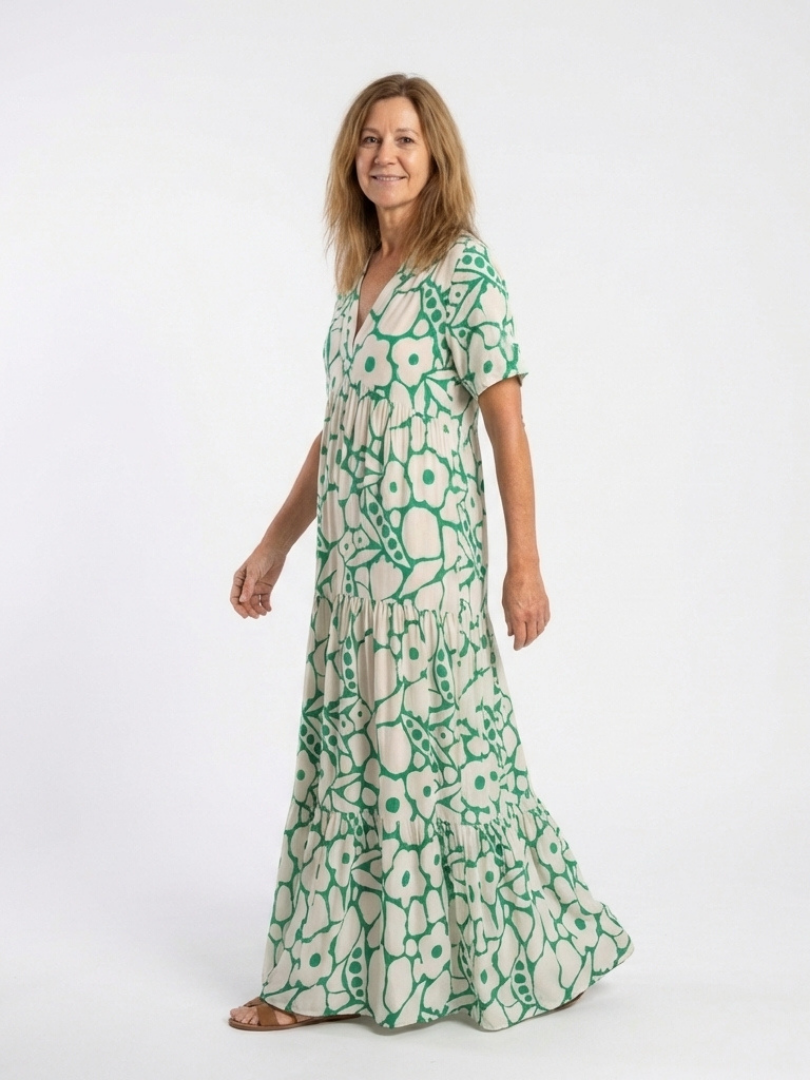 Zuleika | Vestido Midi Floral de Manga Corta con Escote en V