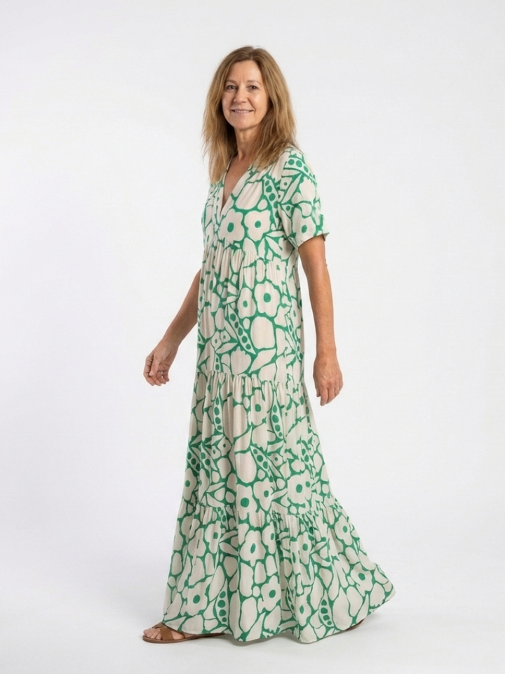 Zuleika | Vestido Midi Floral de Manga Corta con Escote en V