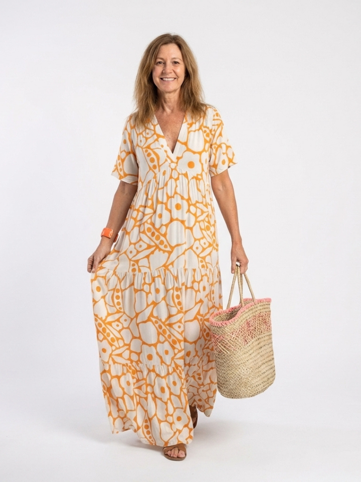 Zuleika | Vestido Midi Floral de Manga Corta con Escote en V