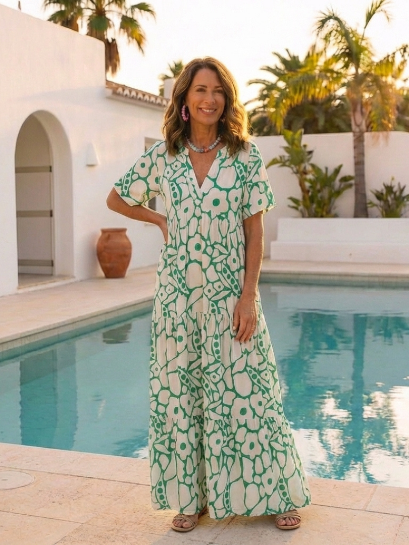 Zuleika | Vestido Midi Floral de Manga Corta con Escote en V