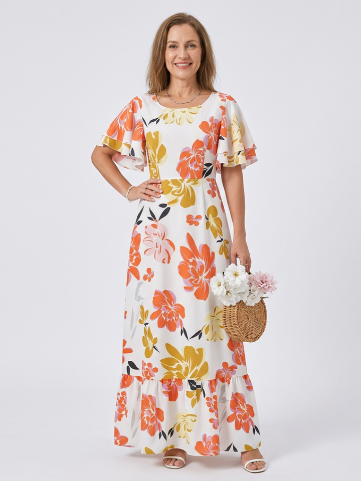 Elowen | Vestido Maxi de Cuello Redondo y Manga Corta con Volantes