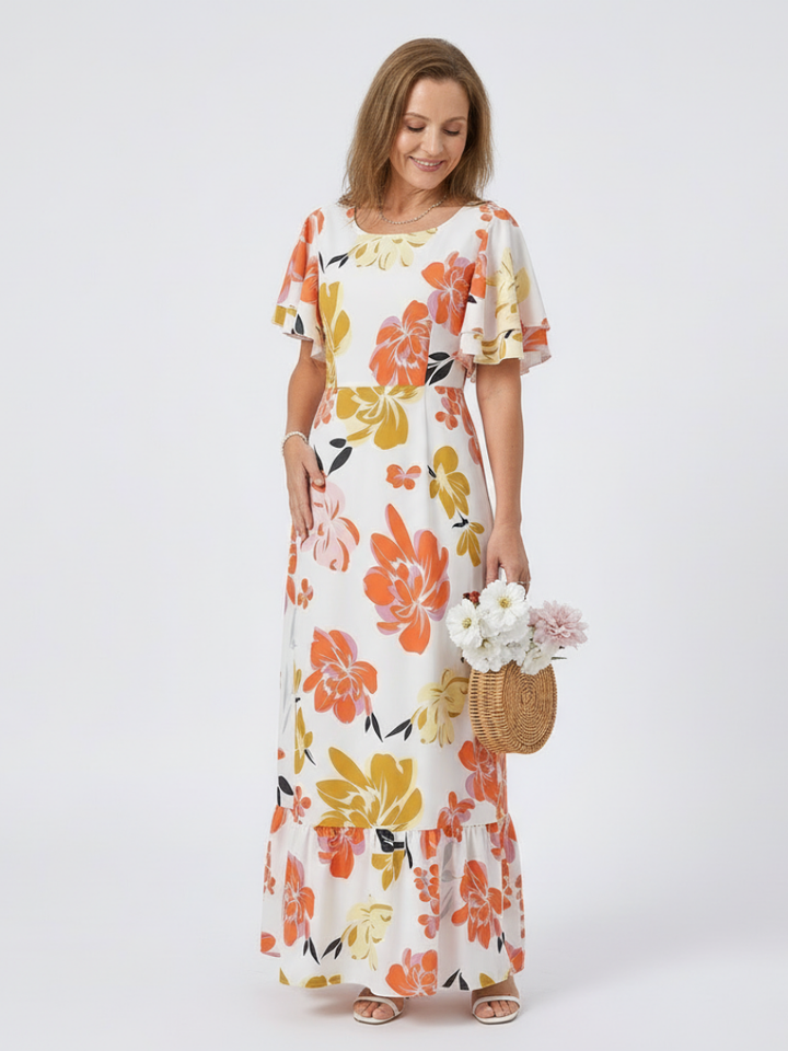 Elowen | Vestido Maxi de Cuello Redondo y Manga Corta con Volantes