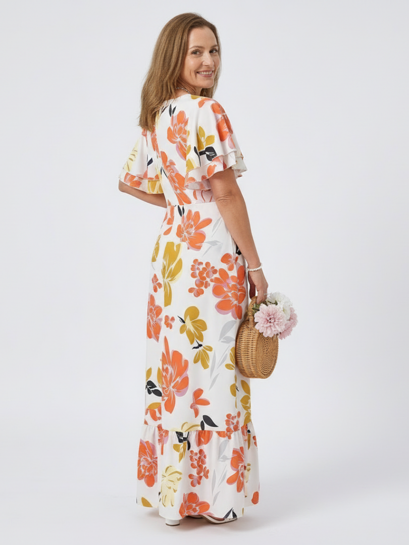 Elowen | Vestido Maxi de Cuello Redondo y Manga Corta con Volantes