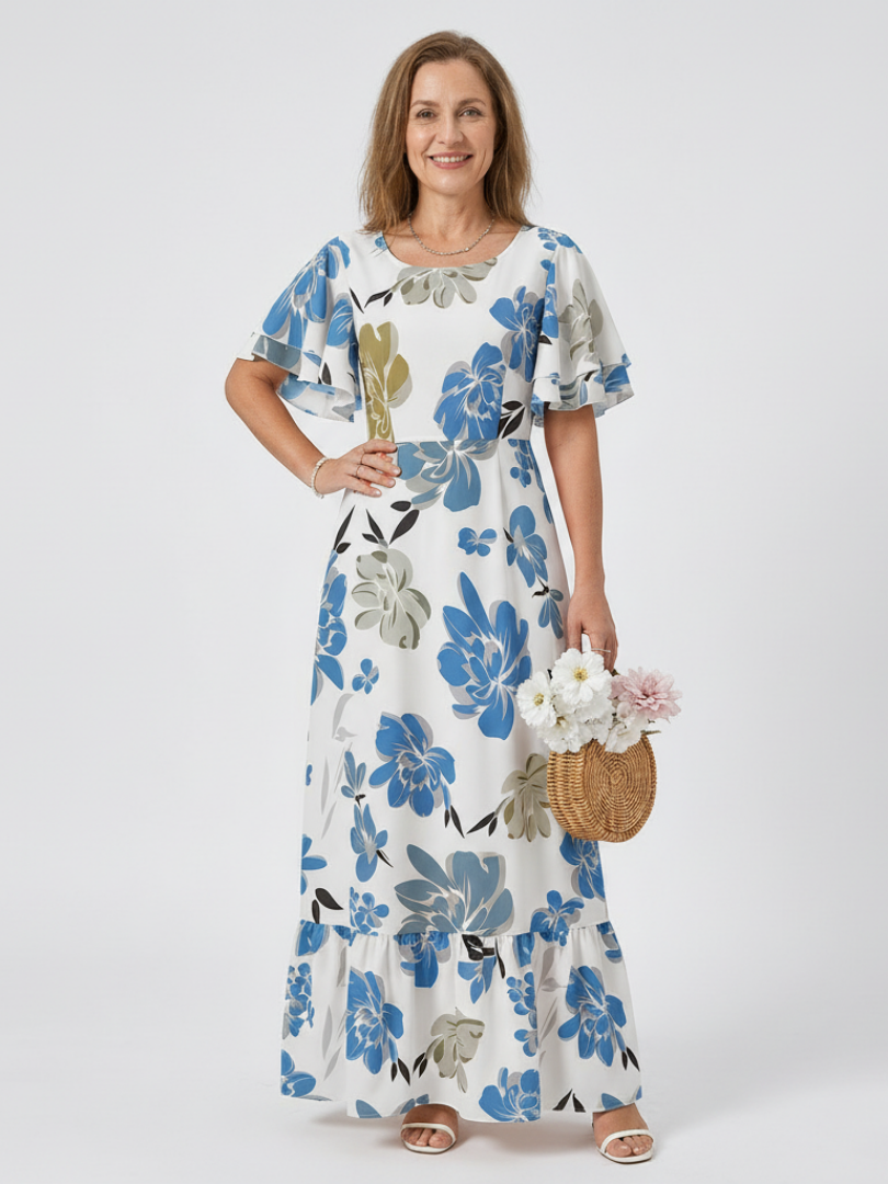 Elowen | Vestido Maxi de Cuello Redondo y Manga Corta con Volantes
