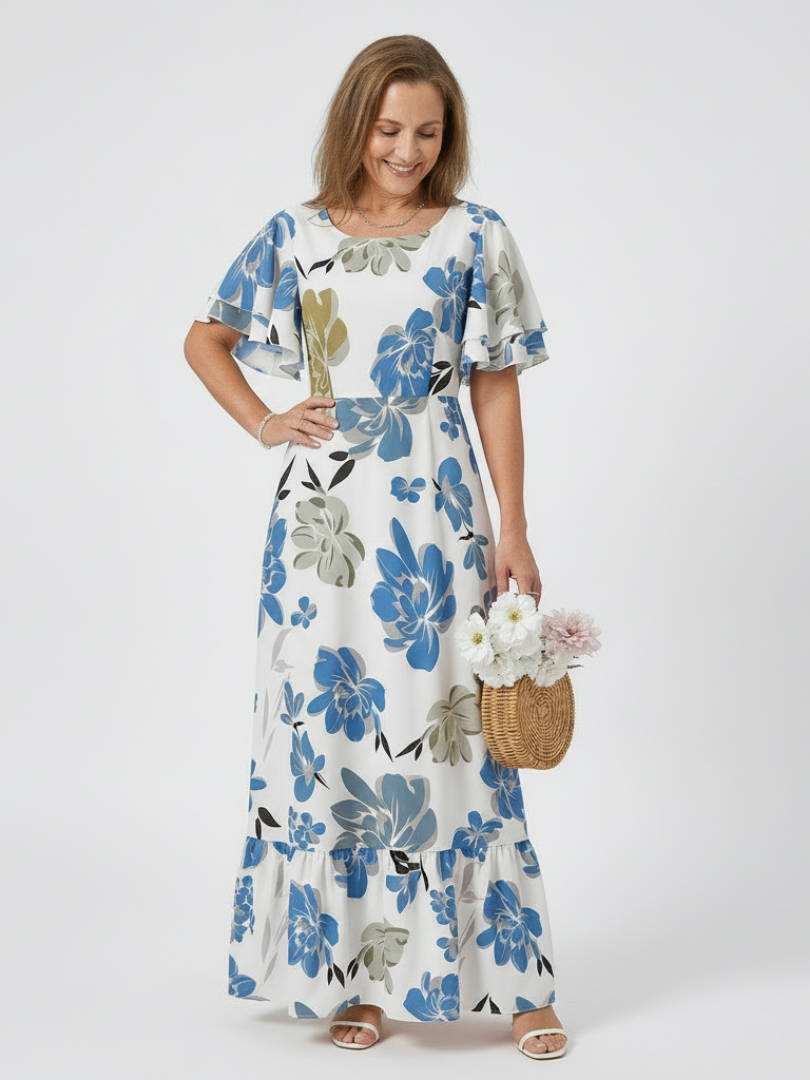 Elowen | Vestido Maxi de Cuello Redondo y Manga Corta con Volantes