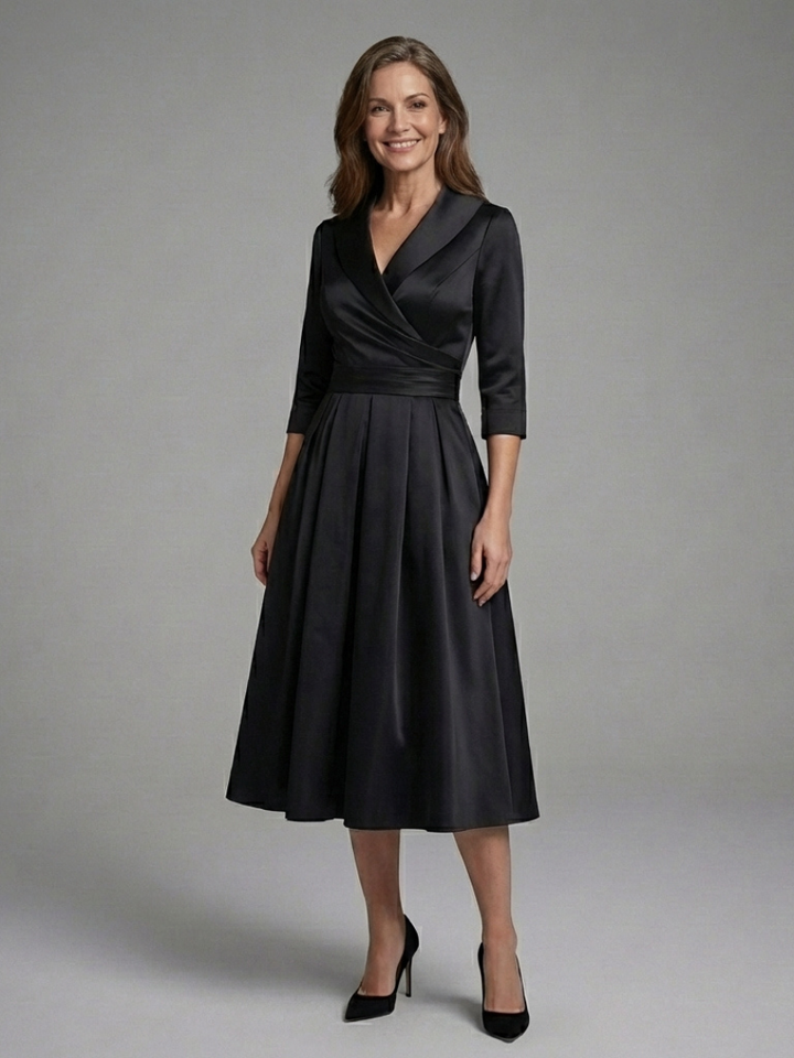 Genevieve | Vestido Midi con Cuerpo Envolvente de Manga Tres Cuartos
