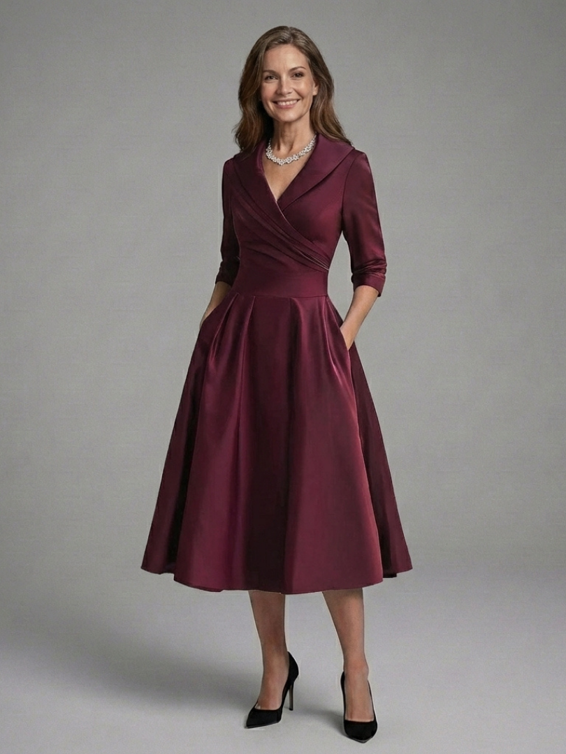 Genevieve | Vestido Midi con Cuerpo Envolvente de Manga Tres Cuartos