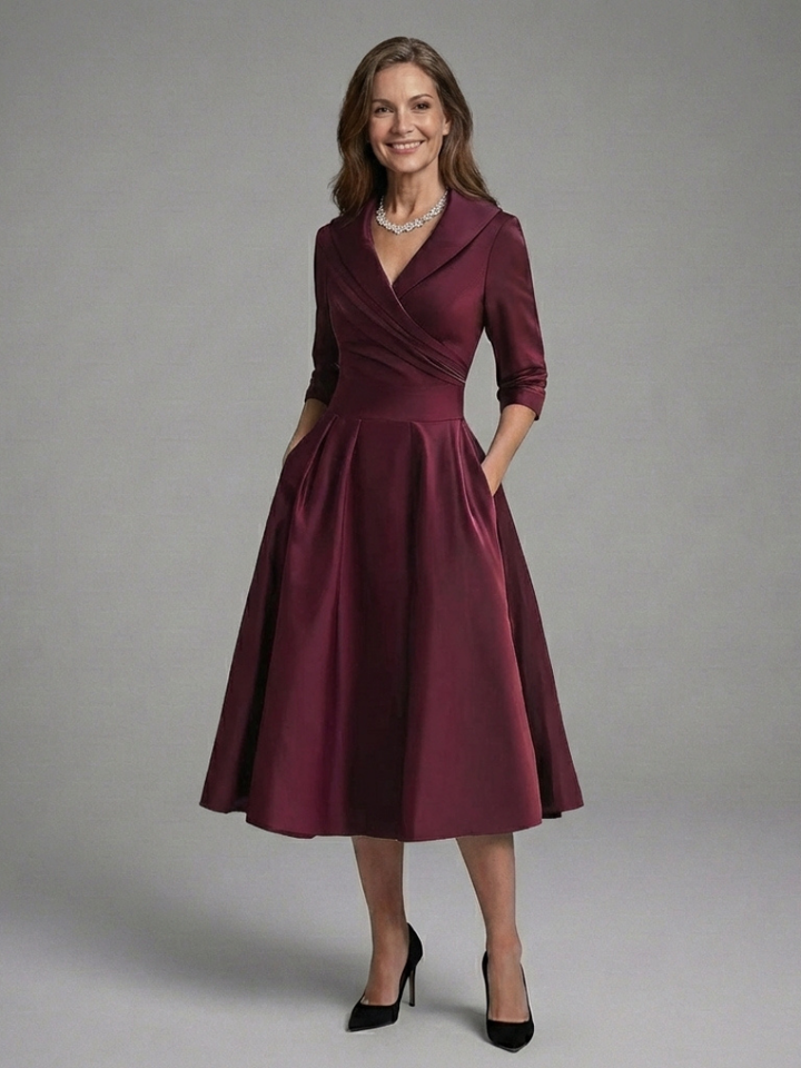 Genevieve | Vestido Midi con Cuerpo Envolvente de Manga Tres Cuartos