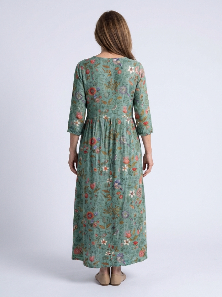Marina | Vestido Maxi Floral con Escote en V y Manga Tres Cuartos